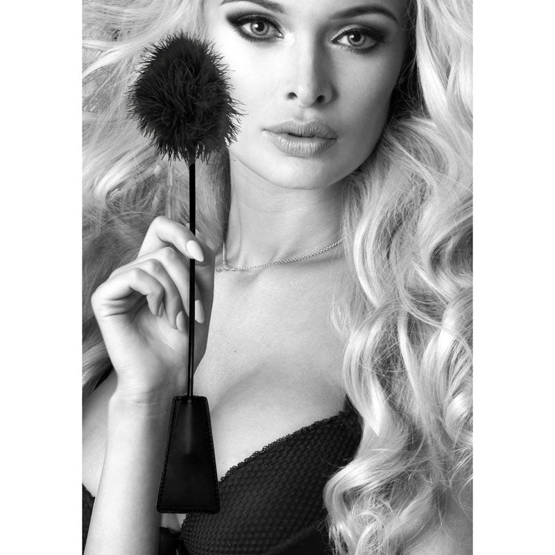 OUCH! Black & White Crop with Feather Tickler - Black 44 cm Feather Crop-OU693BLK