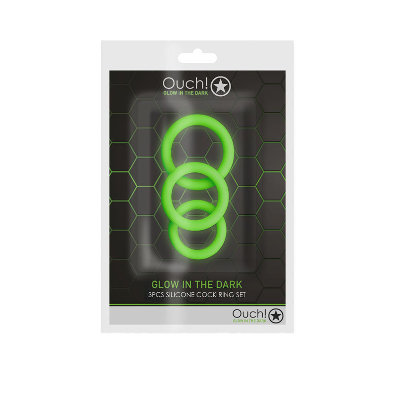 OUCH! Glow In The Dark Cock Ring Set - Glow in Dark Cock Rings - Set of 3 Sizes-OU731GLO
