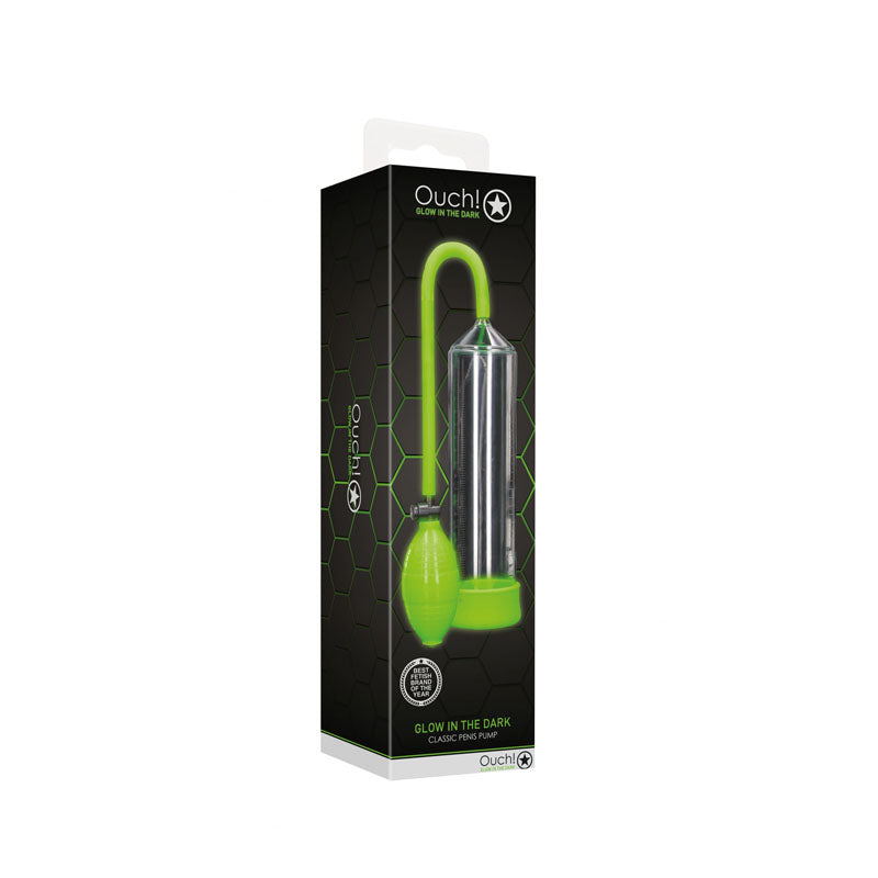 OUCH! Glow In The Dark Classic Penis Pump - Clear/Green Penis Pump-OU785GLO