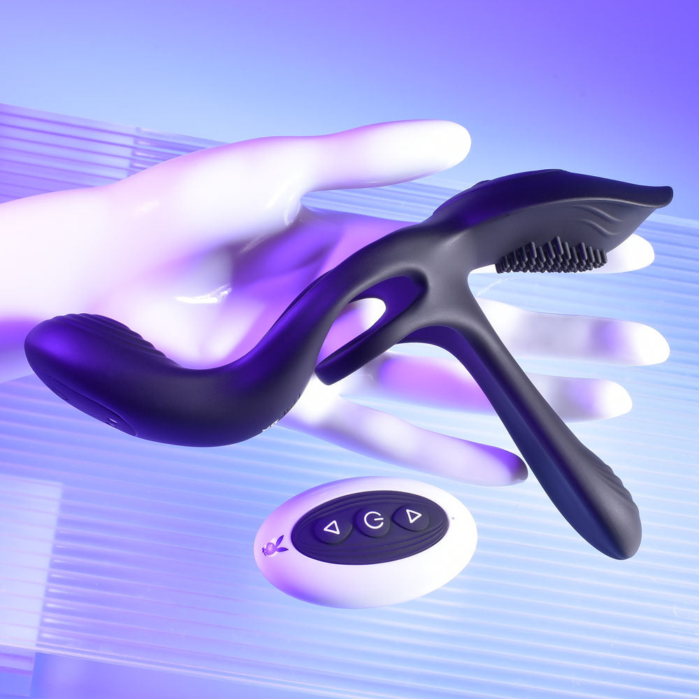 Playboy Pleasure The 3 Way - Black USB Rechargeable Vibrating Cock Ring with Wireless Remote-PB-RS-1287-2