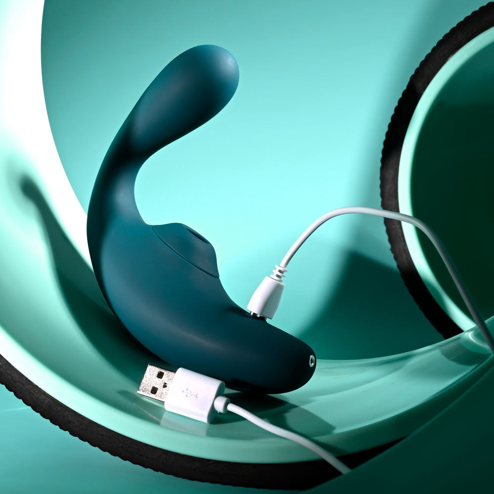 Playboy Pleasure CHARMER - Blue USB Rechargeable Vibrator with Clitoral Suction-PB-RS-4691-2