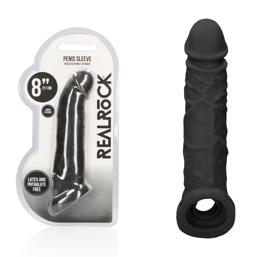 REALROCK 8 Realistic Penis Extender with Rings - Black - Black 20.3 cm Penis Extension Sleeve - REA106BLK