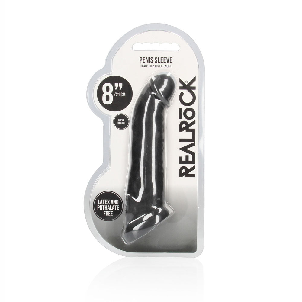 REALROCK 8 Realistic Penis Extender with Rings - Black - Black 20.3 cm Penis Extension Sleeve - REA106BLK