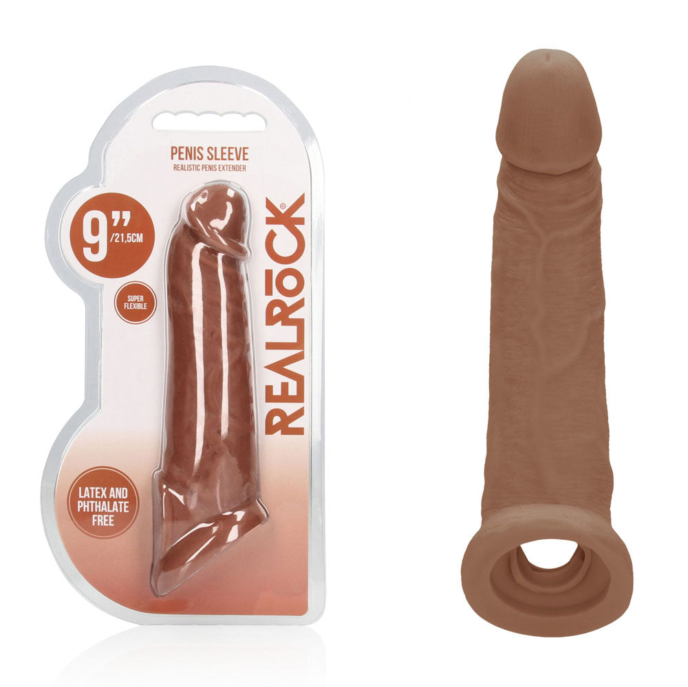 REALROCK 9 Realistic Penis Extender with Rings - Tan - Tan 22.9 cm Penis Extension Sleeve - REA107TAN