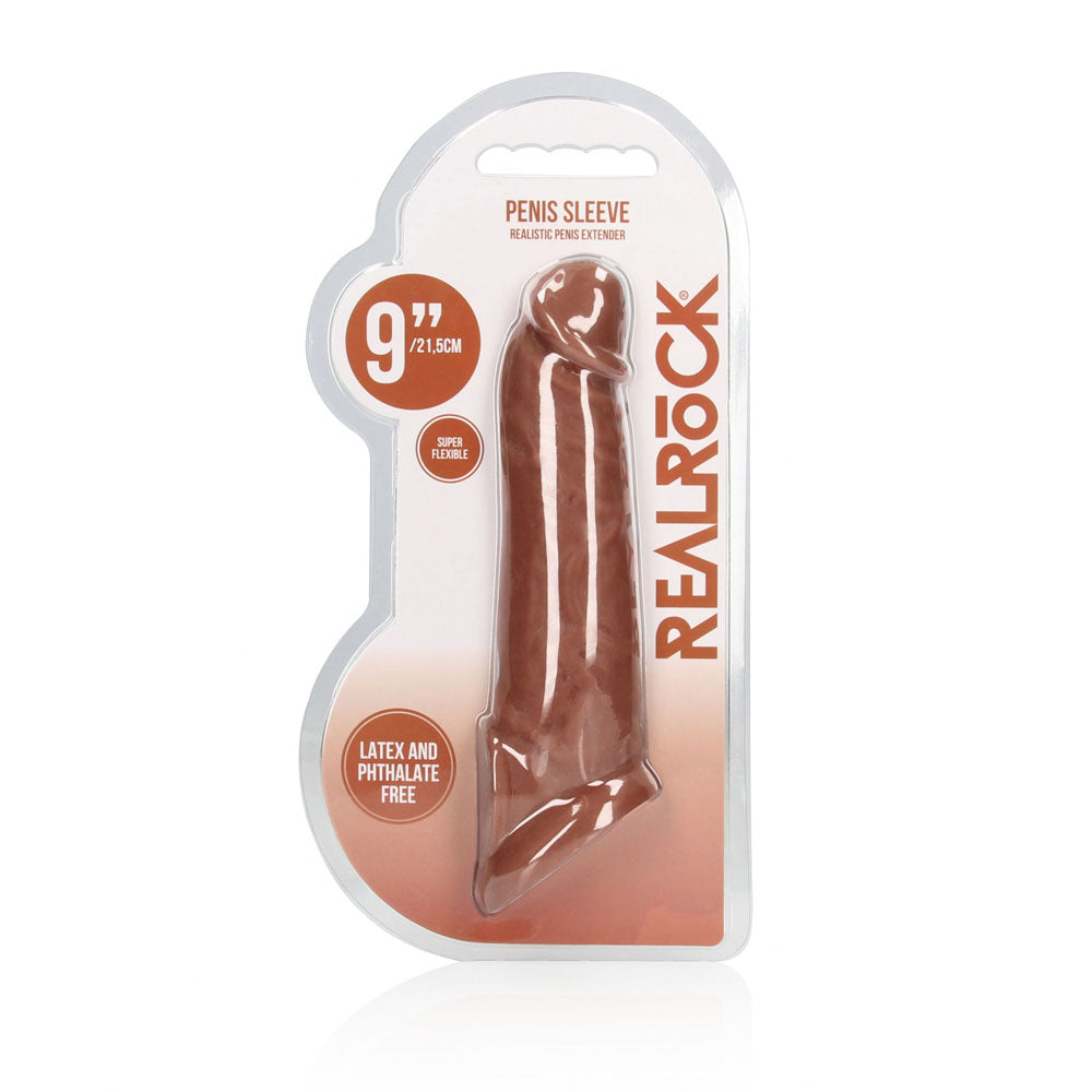 REALROCK 9 Realistic Penis Extender with Rings - Tan - Tan 22.9 cm Penis Extension Sleeve - REA107TAN