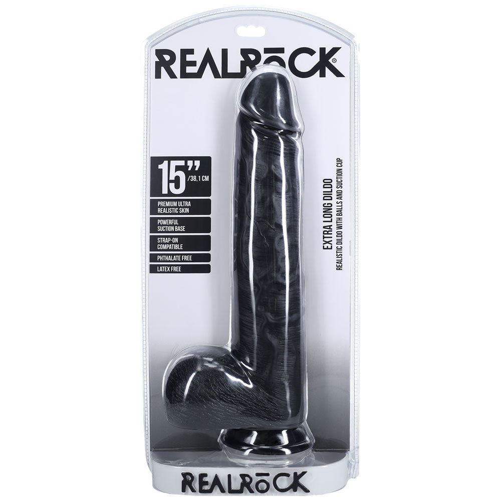 REALROCK 38cm Extra Long Dildo with Balls - Black - Black 38 cm (15) Extra Long Dong - REA165BLK