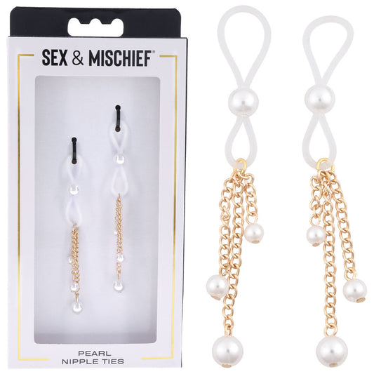 Sex & Mischief Pearl Nipple Ties - Gold/Pearl Nipple Restraints - Set of 2-SS09858