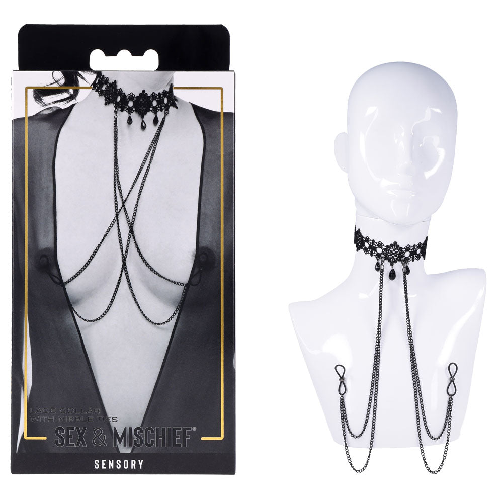 Sex & Mischief Lace Collar with Nipple Ties - Black Neck and Nipple Restraints-SS10104