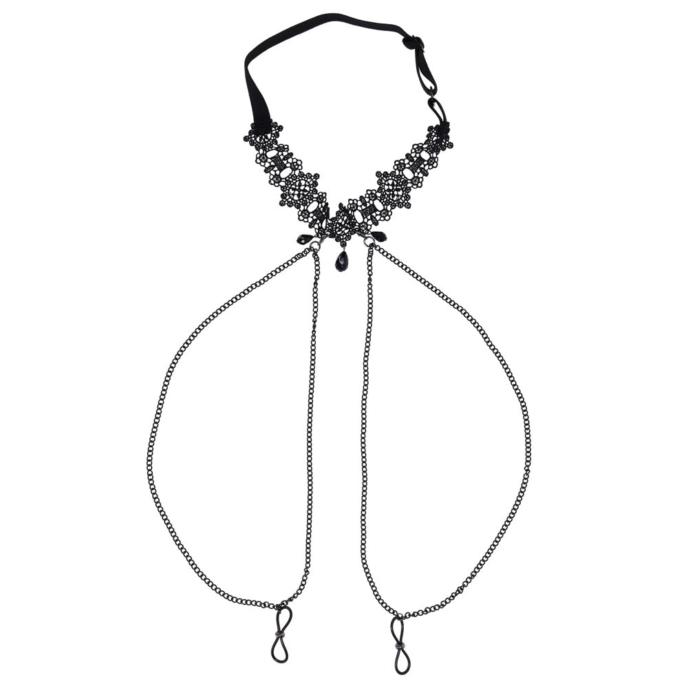 Sex & Mischief Lace Collar with Nipple Ties - Black Neck and Nipple Restraints-SS10104