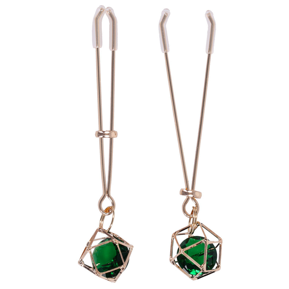 Sex & Mischief Indica Crystal Nipple Clips - Gold Nipple Clips with Emerald Gems-SS10218