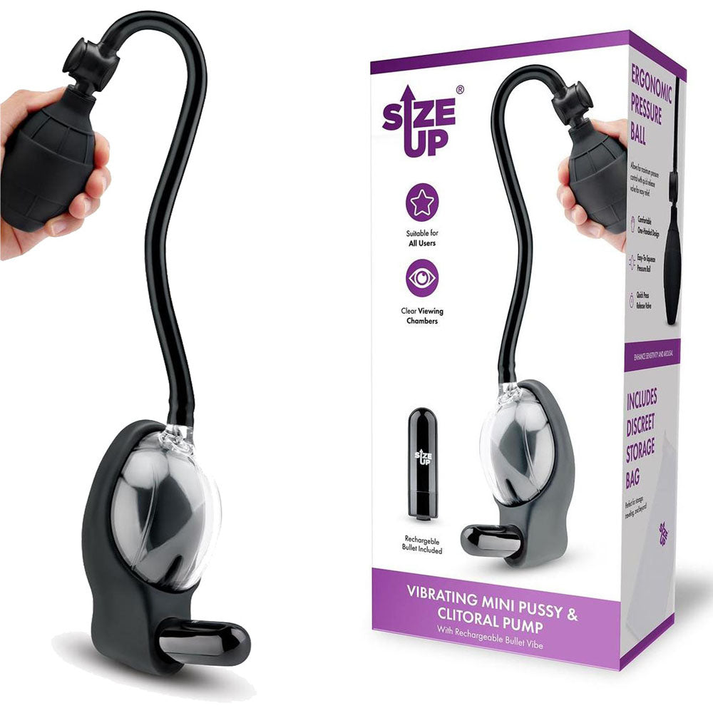 Size Up Vibrating Mini Pussy & Clitoral Pump - Clear USB Rechargeable Vibrating Vaginal and Clitoral Pump-SU113