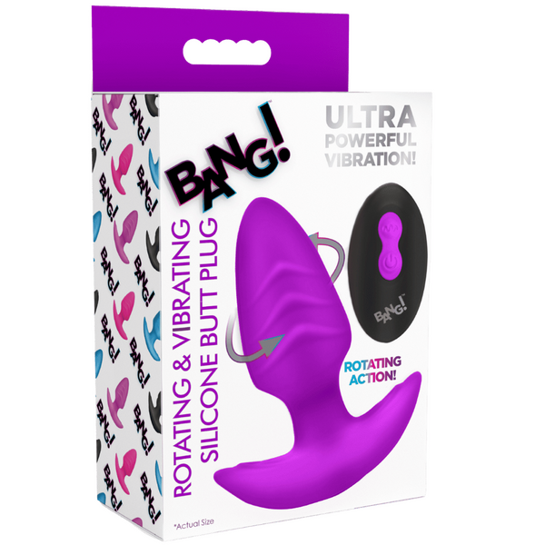 Rotating & Vibrating Silicone Butt Plug w/ Remote (Purple)-AH489-PUR