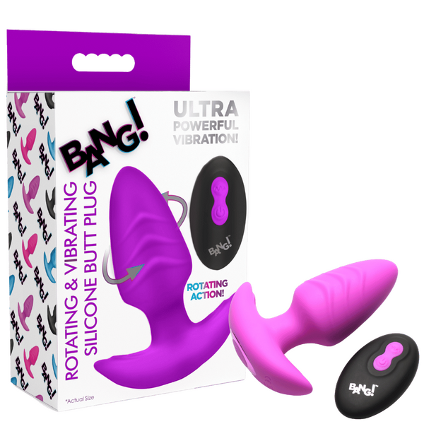 Rotating & Vibrating Silicone Butt Plug w/ Remote (Purple)-AH489-PUR